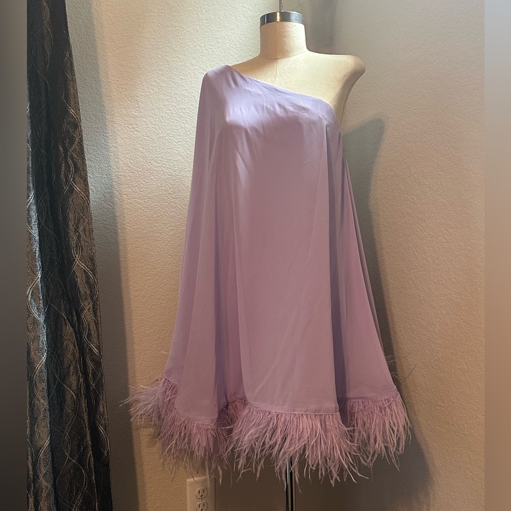 Mac Duggal Lilac One-Shoulder Dress with Feather Hem